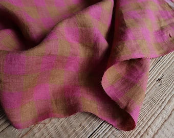 Alva Checkered Linen, Enzyme Washed, 140 g/m², Pink Linen Fabric for Dresses, Trousers, Blouses
