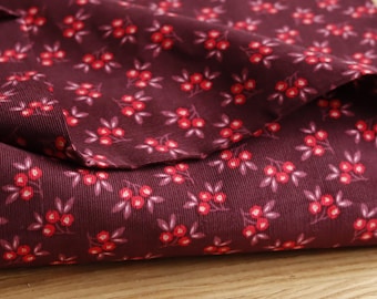 Corduroy fabric with floral print, 140 g/m², plum color, perfect for trousers, skirts, dresses, OEKO-TEX certified.