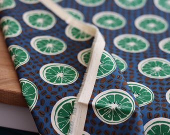 Japanese cotton fabric with mandarin print in blue, suitable for clothing or accessories