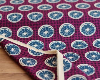 Japanese cotton fabric with mandarin print in purple, suitable for clothing or accessories