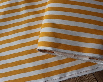 Cotton twill fabric with striped print, 280 g/m², yellow and white, for clothing, decoration or accessories