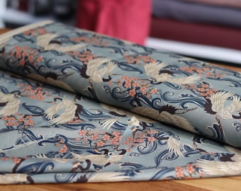 Cotton fabric Crane & Sakura Blue-Grey for clothing or accessories