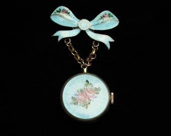 Vintage Swiss Enamel Brooch Watch Sterling Guilloché Rose – Vintage Bridal Something Blue