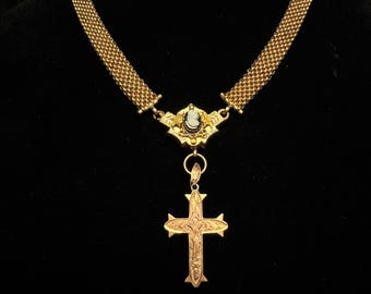 Antique Victorian Gold Mesh Necklace with Sardonyx Cameo and Cross Pendant