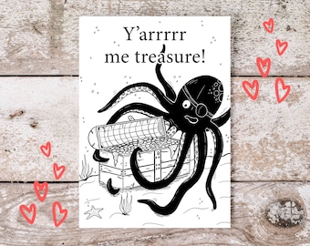 Printable Funny Valentine's Day or Love Card, Y'arrrrr Me Treasure with Pirate Octopus, 5x7 Foldable Greeting Card, Instant Download