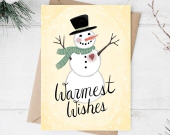 Printable Holiday Card, Warmest Wishes Snowman, 5x7 Foldable Greeting Card, Instant Download