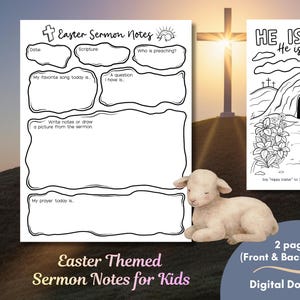 May include: An Easter-themed digital download featuring two pages of sermon notes for kids. The pages include spaces for notes, scripture, and questions, with a lamb figurine and a graphic of the empty tomb. The text reads "He is Risen!" and "Easter Sermon Notes for Kids."