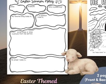Easter Themed Sermon Notes for Kids Plus Coloring Page, Printable Worksheet for Children During Church Worship Service, 2 Pages, PDF