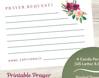 Printable Prayer Request Cards Floral Design for Women's Ministry, Bible Studies, and Discipleship Groups, 4 Cards per page, PDF Download