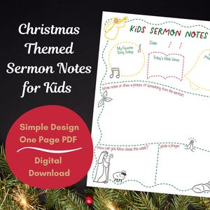 Christmas Themed Sermon Notes for Kids, Printable Worksheet for Children During Church Worship Service, PDF