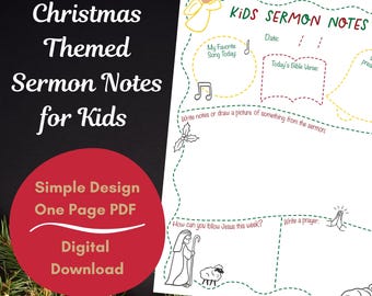 Christmas Themed Sermon Notes for Kids, Printable Worksheet for Children During Church Worship Service, PDF