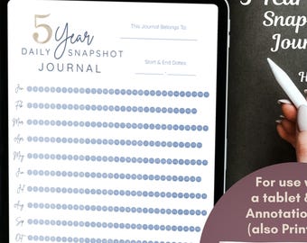 5 Year Daily Snapshot Journal, Minimalist Journal for use with Digital PDF Annotation Apps or for Printing