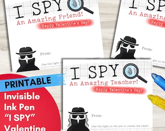 Printable Invisible Ink Pen Valentine, Secret Agent, I Spy School Valentine, Candy Free Valentine, Digital Download