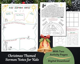 Christmas Themed Sermon Notes for Kids Plus Activities, Printable Worksheets for Children During Church Worship Service, 3 Pages, PDF