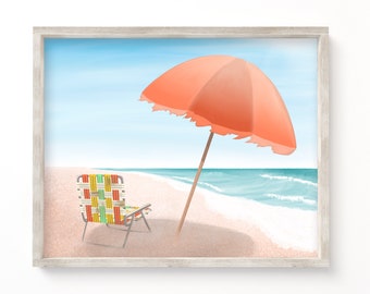 Printable Vintage Sandy Beach, Relaxing Waves, Digital Art Print, 8x10 inches (4:5 Ratio), Aluminum Lawn Chair Art, Instant Download