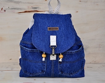 Women Backpack, Laptop Bag, Bookbag, University High School Bag, Convertible Shoulder Bag, Handmade upcycled denim travel backpack