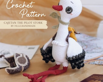 PATTERN | Cajetan the pilot STORK by Fille.handmade | Cute Plushie with Removable Accessories | Stuffed Animal | PDF Amigurumi, Crochet |