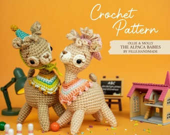May include: Two crocheted alpaca dolls, Ollie and Molly, with colorful details, stand on an orange surface. The dolls are wearing crocheted accessories. The image includes the text "Crochet Pattern" and "Ollie & Molly The Alpaca Babies".