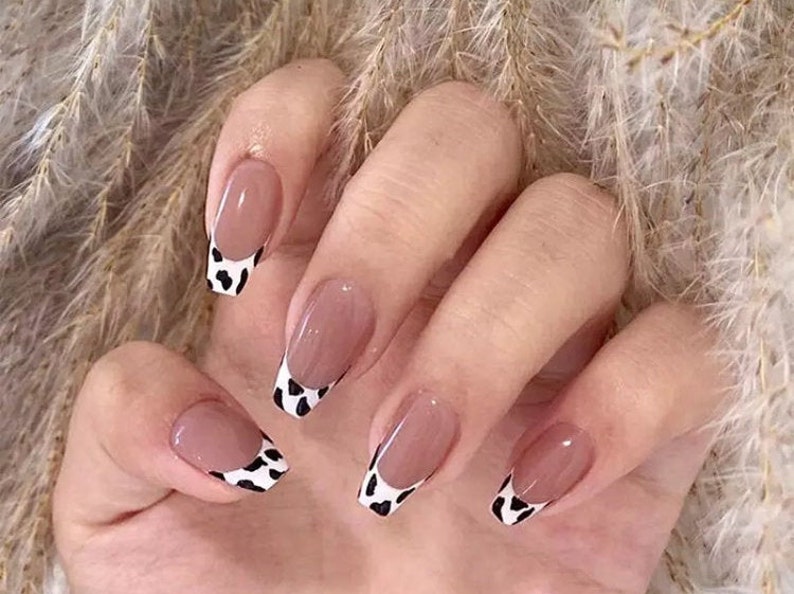 Press on Nails  Cow Print Press on Nails  Nude Coffin Nails image 0