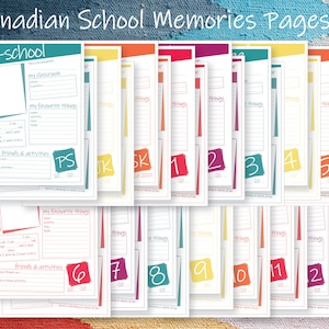 May include: A set of 12 printable school memory pages for pre-school through grade 12. Each page features a colourful design with a space for a photo and a section for writing about favourite things and activities. The pages are labelled with the grade level and the years.