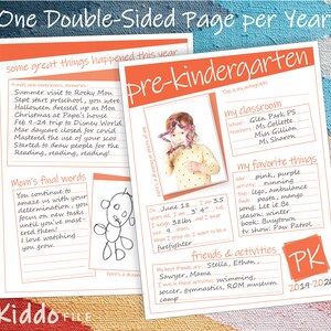 Pu&ograve; includere: Una pagina stampabile di un libro di ricordi della scuola materna con una foto di una bambina che indossa occhiali e una camicia rosa. La pagina include sezioni per le cose preferite del bambino, i suoi amici e le sue attivit&agrave;. La pagina &egrave; decorata con uno schema di colori rosa, viola e arancione.