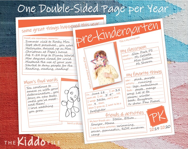 Pu&ograve; includere: Una pagina stampabile di un libro di ricordi della scuola materna con una foto di una bambina che indossa occhiali e una camicia rosa. La pagina include sezioni per le cose preferite del bambino, i suoi amici e le sue attivit&agrave;. La pagina &egrave; decorata con uno schema di colori rosa, viola e arancione.