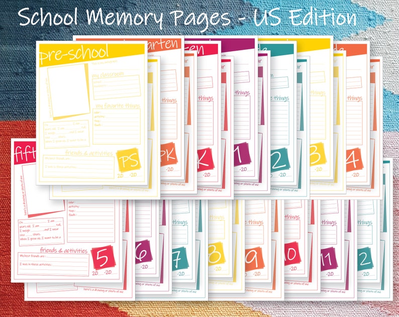 Pu&ograve; includere: Un set di pagine di ricordi scolastici stampabili per bambini dalla scuola materna alla 12a elementare. Le pagine sono codificate a colori in base al grado e presentano suggerimenti per gli studenti per scrivere sulle loro cose preferite, amici e attivit&agrave;. Le pagine sono progettate per aiutare gli studenti a riflettere sul loro anno scolastico e creare un ricordo duraturo.
