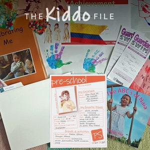 Pu&ograve; includere: Una collezione colorata di fogli e opere d'arte di una classe di scuola materna. I fogli includono un autoritratto di uno studente, un'impronta di mano, un rapporto di progresso di un corso di nuoto e una pagina di una cartella scolastica con il titolo "The ABC's of Naia".