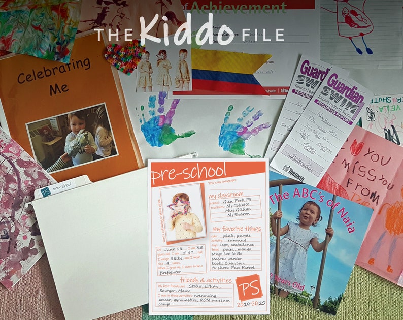 Pu&ograve; includere: Una collezione colorata di fogli e opere d'arte di una classe di scuola materna. I fogli includono un autoritratto di uno studente, un'impronta di mano, un rapporto di progresso di un corso di nuoto e una pagina di una cartella scolastica con il titolo "The ABC's of Naia".
