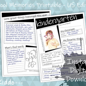 Yearly School Memories Printable Keepsake File Folder Insert Pages Memory Album Black & White - US Version
