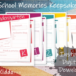 May include: A set of printable school memory keepsake pages for kindergarten through fourth grade. Each page is a different colour and features a space for a drawing or photo, as well as sections for the student to write about their favourite things, friends, and activities.