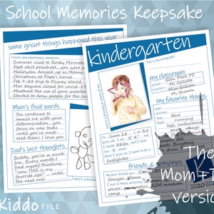 Milestone Tote School Memories Printable Keepsake File Insert Pages Mom + Dad - US Version Blues