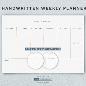 Puede incluir: Un planificador semanal imprimible con texto escrito a mano. El planificador incluye secciones para el lunes al domingo, una sección de notas y dos opciones de color. El texto "A4/LETTER PDF DOWNLOAD" está en la parte inferior del planificador.
