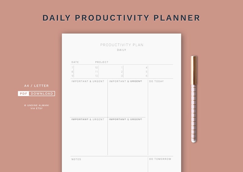 May include: A printable daily productivity planner with sections for date, project, important and urgent tasks, and to-do lists. The planner is designed for A4 or letter size paper.
