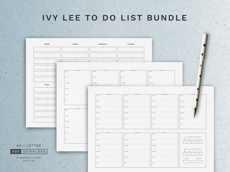 Minimalist Ivy Lee To Do List Ivy Lee Method inspired productivity work sheets A4 & Letter Printable PDF Bild 1