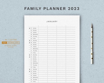 4 Columns Family Planner PDF Printable 2023 A3 / A4 / A5 & Letter / Half-Letter Minimalist Family Calendar