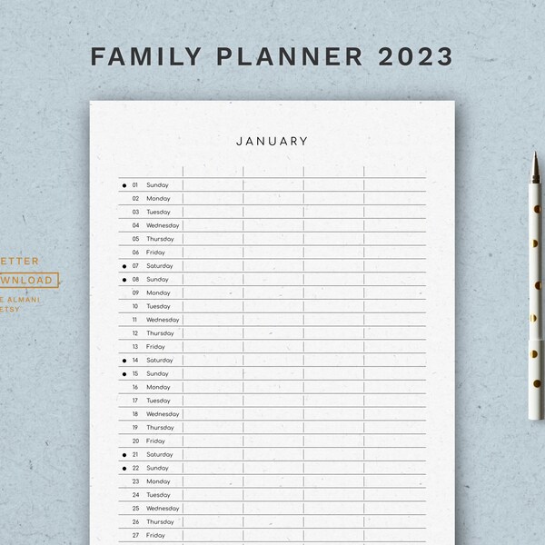 4 Columns Family Planner PDF Printable 2023 A3 / A4 / A5 & Letter / Half-Letter Minimalist Family Calendar
