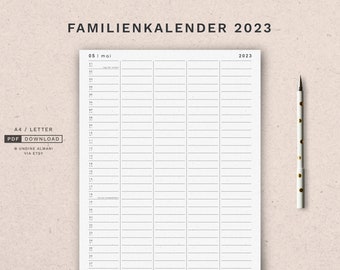 Minimalistischer Familienkalender 2023 mit Feiertagen + Ferien für Bayern u.a. · PDF zum Ausdrucken · A4 & A3 hochkant · Deutsch