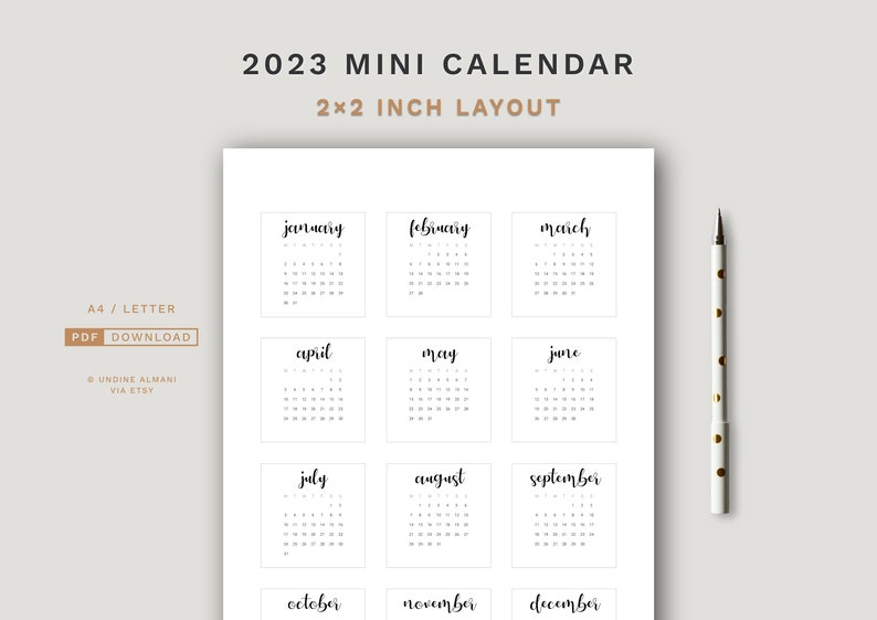 2023 Mini Calendar Printable PDF 33 and 22 Layout Handlettering Style ...