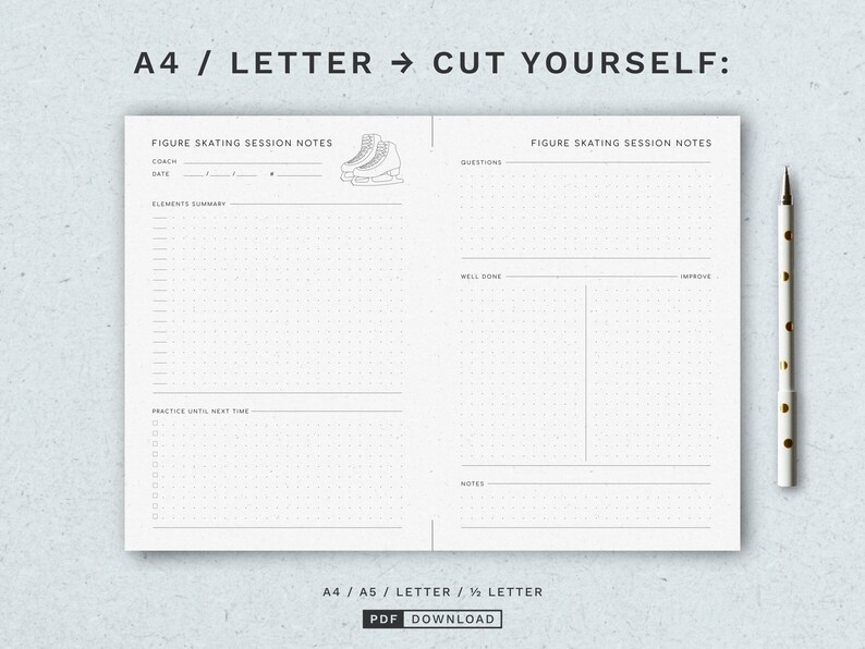 Figure Skating Session Notes Figure Skating Notepad Sheets A5 & Half Letter PDF Printable image 2