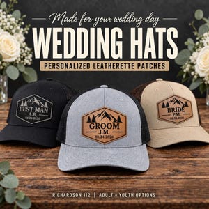 May include: Three baseball caps in black, heather gray, and tan, each featuring a hexagonal leatherette patch with a mountain and pine tree graphic. The patches are engraved with the text BEST MAN A.R. 08.24.2026, GROOM J.M. 08.24.2026, and BRIDE P.M. 08.24.2026.