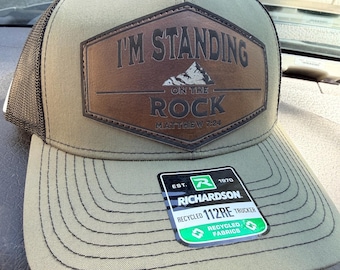 Standing on the Rock Cap: Leatherette Patch Adjustable Richardson 112 Christian Men’s Hat