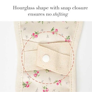 May include: Close-up of a beige fabric pouch with a floral pattern and a snap closure. The pouch has a  hourglass shape and a white button.