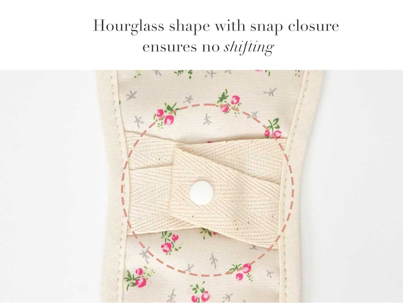 May include: Close-up of a beige fabric pouch with a floral pattern and a snap closure. The pouch has a  hourglass shape and a white button.