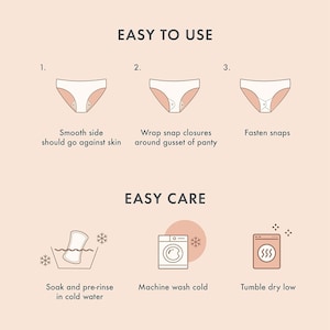 May include: Instructions on how to use and care for underwear with snap closures. The illustrations show how to fasten the snaps, how to wash the underwear in a washing machine, and how to tumble dry the underwear on low heat.