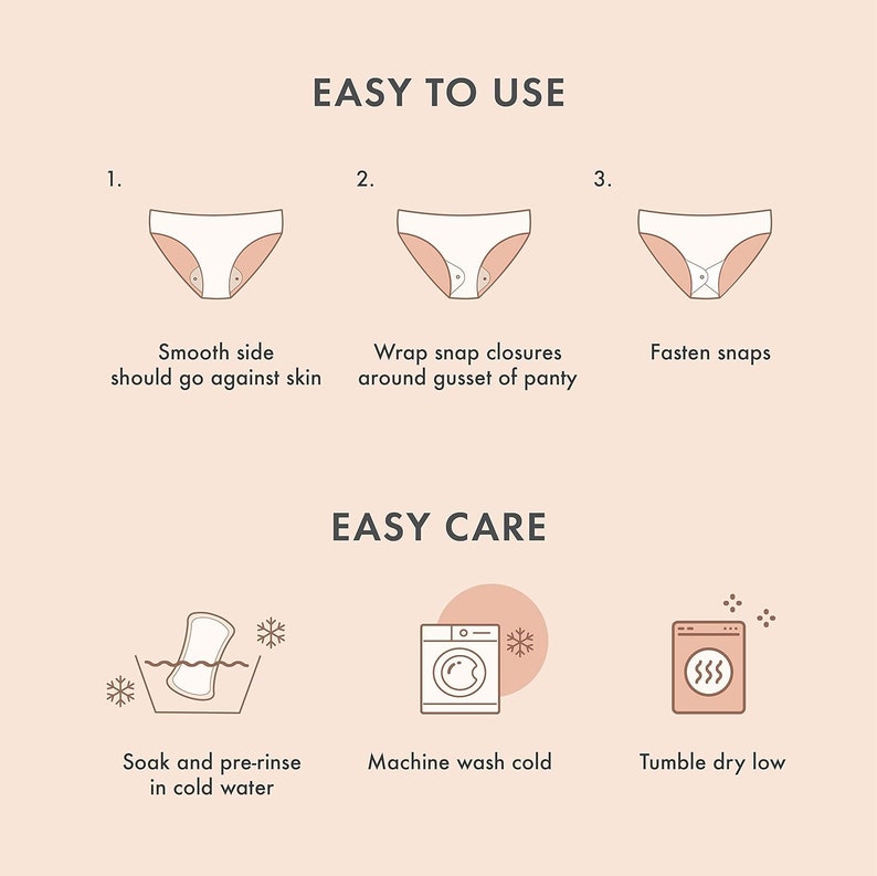 May include: Instructions on how to use and care for underwear with snap closures. The illustrations show how to fasten the snaps, how to wash the underwear in a washing machine, and how to tumble dry the underwear on low heat.