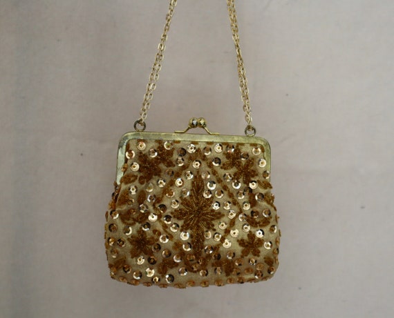 Vintage Gold Sequined Evening Bag with Metal Chai… - image 10