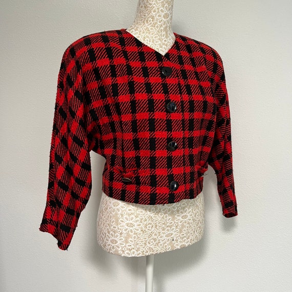 Vintage Anne Klein Black & Red Plaid Crop Jacket - image 1