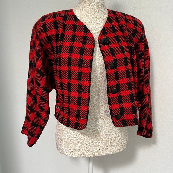 Vintage Anne Klein Black & Red Plaid Crop Jacket - image 2