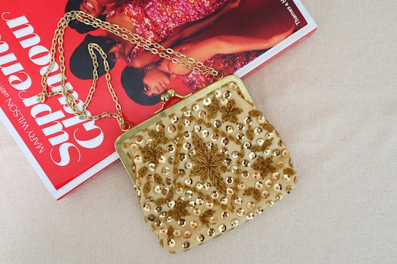 Vintage Gold Sequined Evening Bag with Metal Chai… - image 1